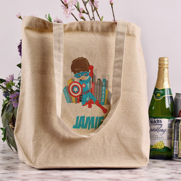 Superhero in the City Reusable Cotton Grocery Bag - In Context