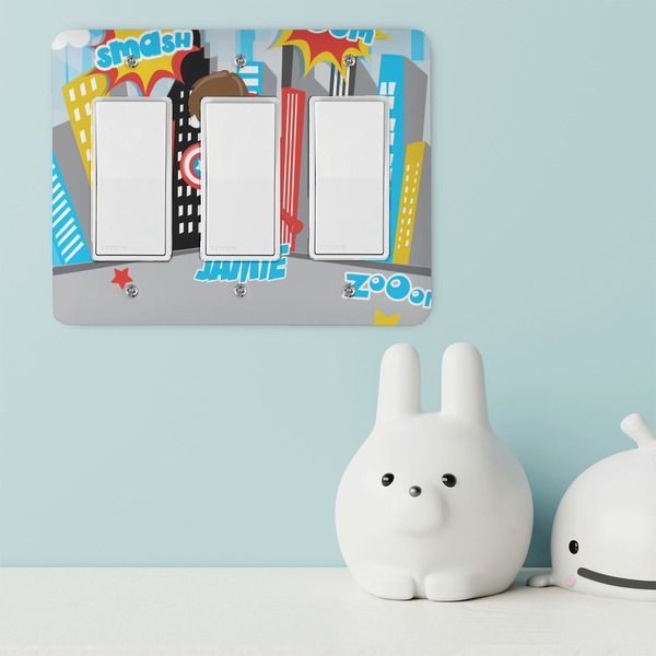 Superhero in the City Rocker Light Switch Covers - Triple - IN CONTEXT