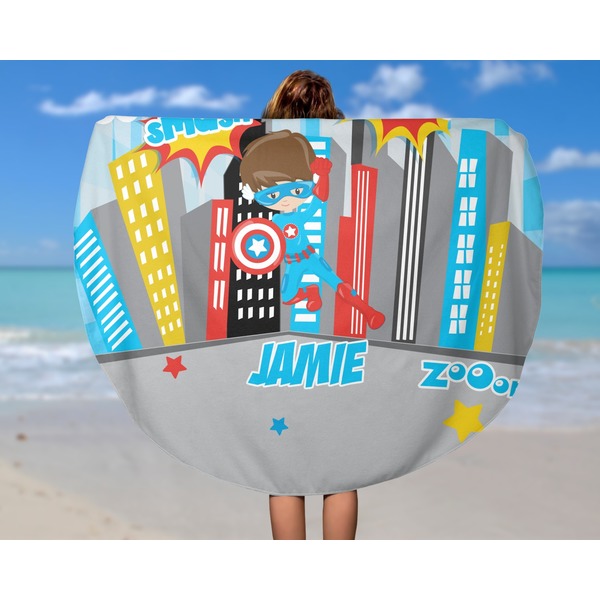 Superhero in the City Round Beach Towel - In Use
