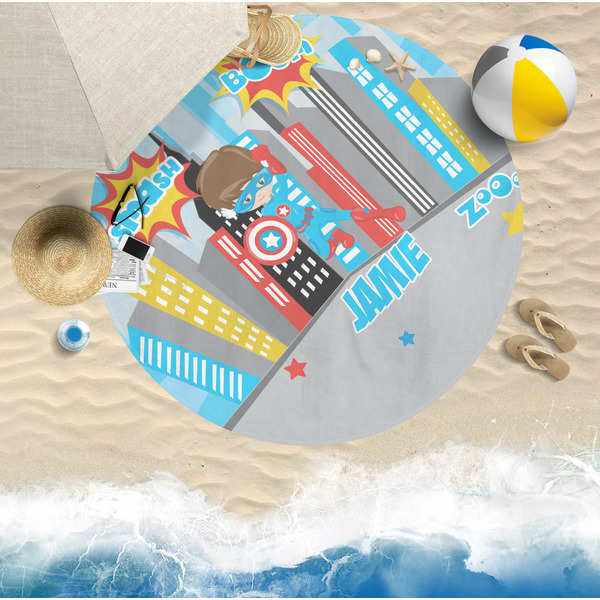 Superhero in the City Round Beach Towel Lifestyle