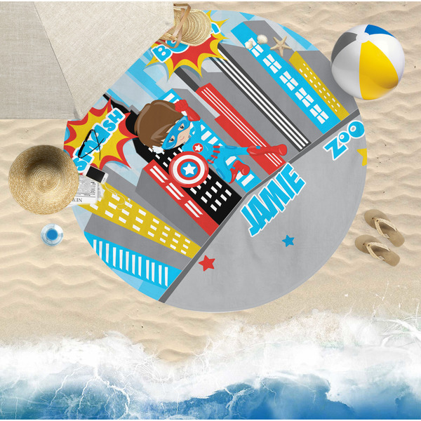 Superhero in the City Round Beach Towel Lifestyle