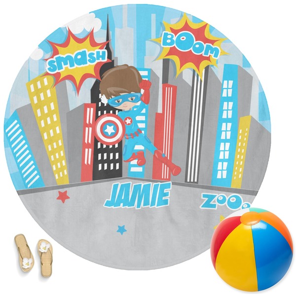 Custom Superhero in the City Round Beach Towel (Personalized)