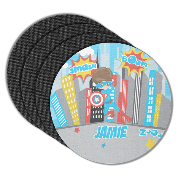 Custom Superhero in the City Round Rubber Backed Coasters - Set of 4 (Personalized)