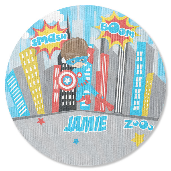 Custom Superhero in the City Round Rubber Backed Coaster (Personalized)