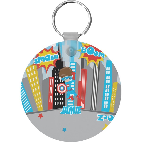 Custom Superhero in the City Round Plastic Keychain (Personalized)