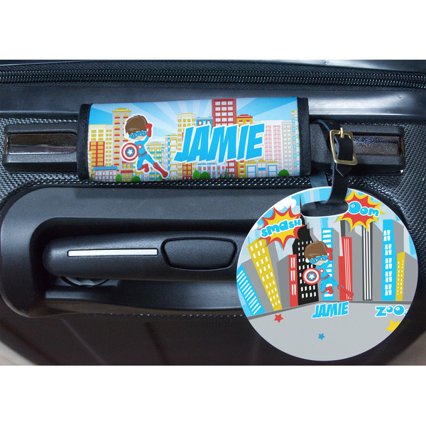 Superhero in the City Round Luggage Tag & Handle Wrap - In Context