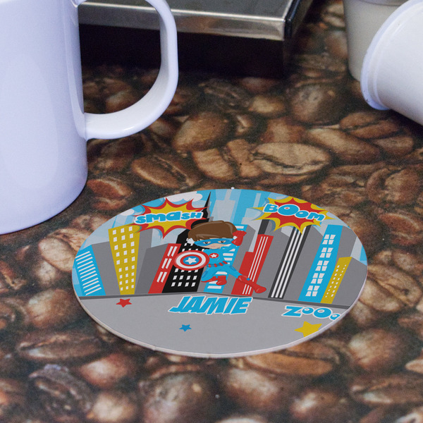 Superhero in the City Round Paper Coaster - Front