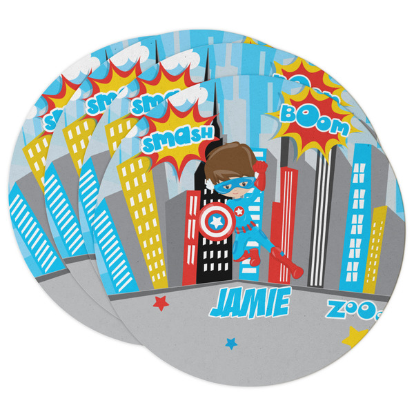 Custom Superhero in the City Round Paper Coasters w/ Name or Text