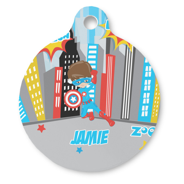 Custom Superhero in the City Round Pet ID Tag (Personalized)