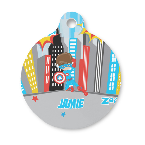 Custom Superhero in the City Round Pet ID Tag - Small (Personalized)
