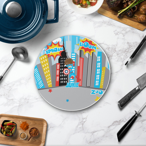 Superhero in the City Round Stone Trivet - In Context View