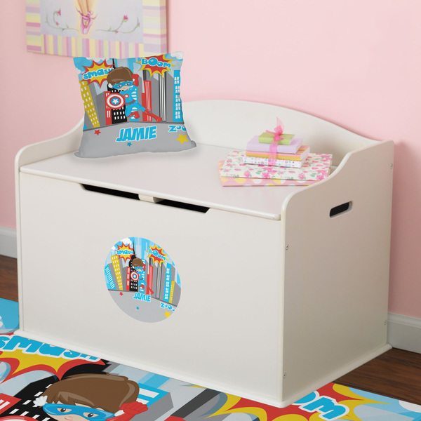 Superhero in the City Round Wall Decal on Toy Chest