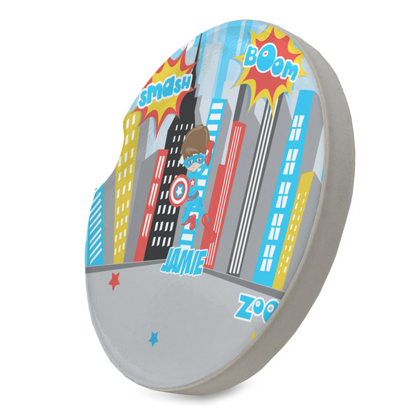 Superhero in the City Sandstone Car Coaster - STANDING ANGLE