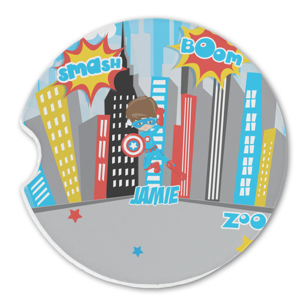 Custom Superhero in the City Sandstone Car Coaster - Single (Personalized)
