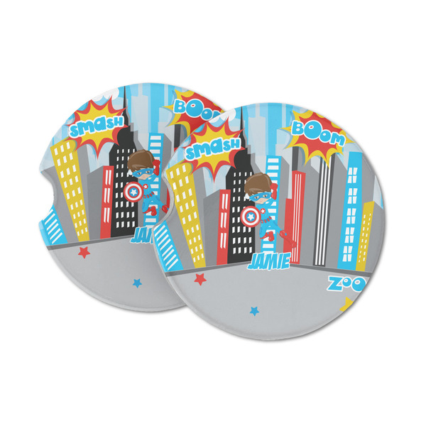 Custom Superhero in the City Sandstone Car Coasters (Personalized)