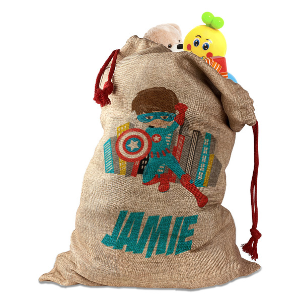 Superhero in the City Santa Bag - Front (stuffed w toys) PARENT