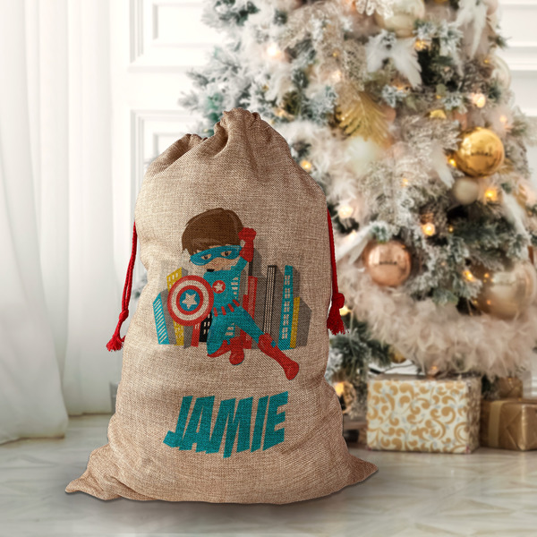 Superhero in the City Santa Bag - Front (stuffed)
