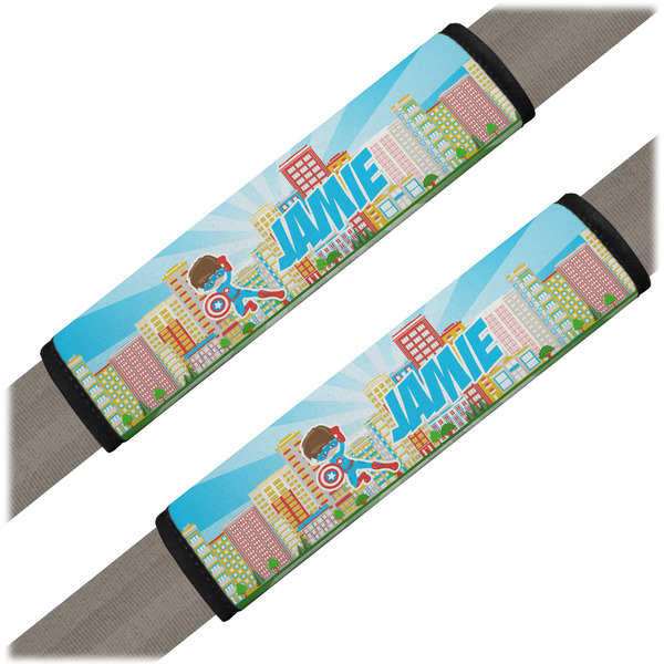 Custom Superhero in the City Seat Belt Covers (Set of 2) (Personalized)