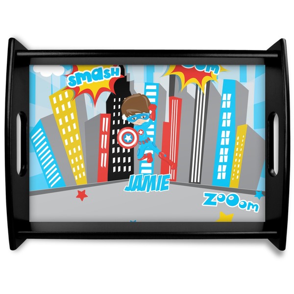 Custom Superhero in the City Black Wooden Tray - Large (Personalized)
