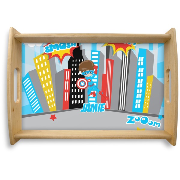 Custom Superhero in the City Natural Wooden Tray - Small (Personalized)