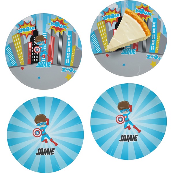 Custom Superhero in the City Set of 4 Glass Appetizer / Dessert Plate 8" (Personalized)