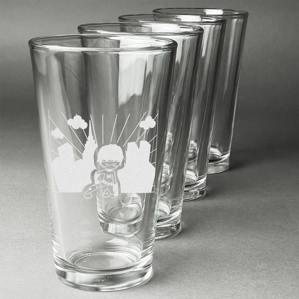 Custom Superhero in the City Pint Glasses - Engraved (Set of 4)