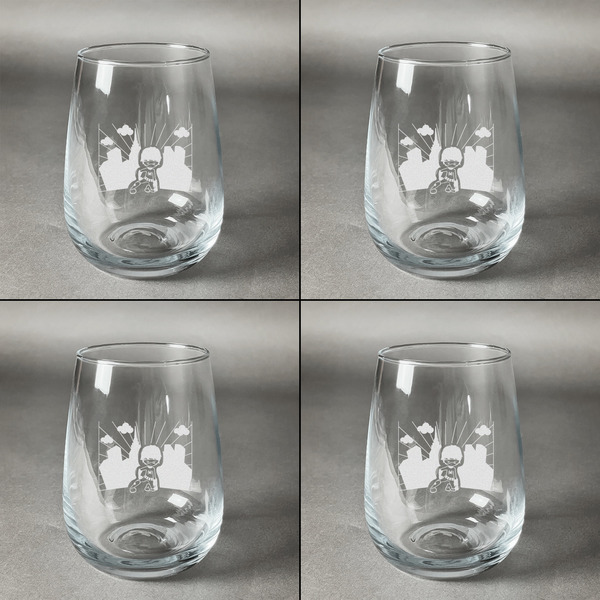 Superhero in the City Set of Four Personalized Stemless Wineglasses (Approval)