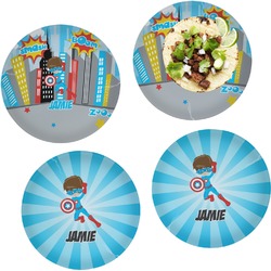 Superhero in the City Set of 4 Glass Lunch / Dinner Plate 10" (Personalized)
