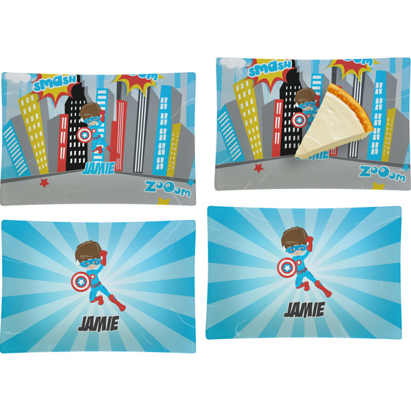 Custom Superhero in the City Set of 4 Glass Rectangular Appetizer / Dessert Plate (Personalized)