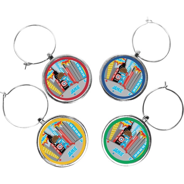Custom Superhero in the City Wine Charms (Set of 4) (Personalized)