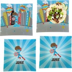 Superhero in the City Set of 4 Glass Square Lunch / Dinner Plate 9.5" (Personalized)