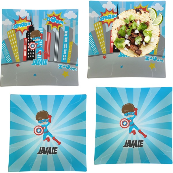 Custom Superhero in the City Set of 4 Glass Square Lunch / Dinner Plate 9.5" (Personalized)
