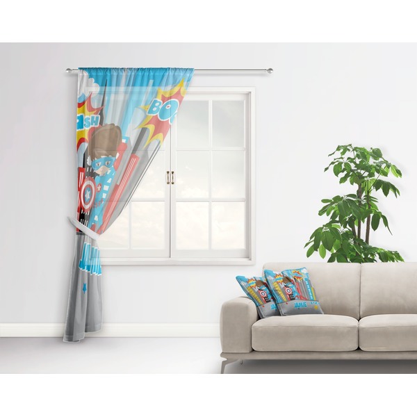 Superhero in the City Sheer Curtain With Window and Rod - in Room Matching Pillow