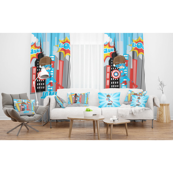 Superhero in the City Sheer and Custom Curtains in Room with Matching Pillows
