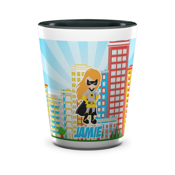 Custom Superhero in the City Ceramic Shot Glass - 1.5 oz - Two Tone - Set of 4 (Personalized)