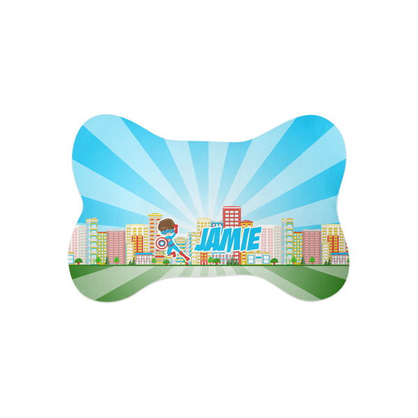 Custom Superhero in the City Bone Shaped Dog Food Mat (Small) (Personalized)