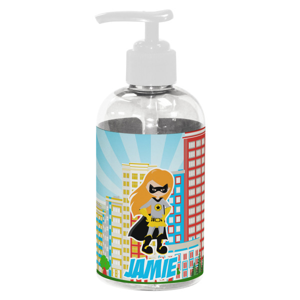 Custom Superhero in the City Plastic Soap / Lotion Dispenser (8 oz - Small - White) (Personalized)