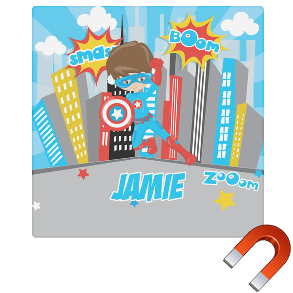 Custom Superhero in the City Square Car Magnet - 6" (Personalized)
