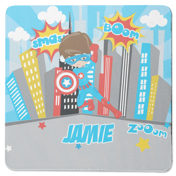 Custom Superhero in the City Square Rubber Backed Coaster (Personalized)
