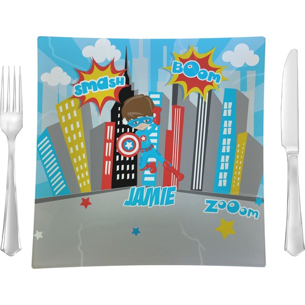 Custom Superhero in the City 9.5" Glass Square Lunch / Dinner Plate- Single or Set of 4 (Personalized)
