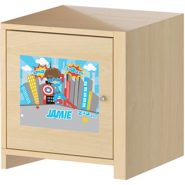 Superhero in the City Square Wall Decal on Wooden Cabinet
