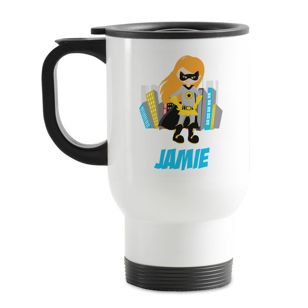 Custom Superhero in the City Stainless Steel Travel Mug with Handle