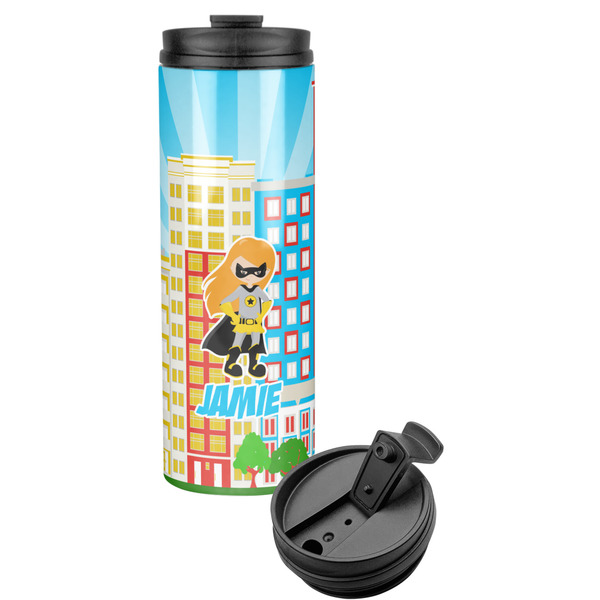 Custom Superhero in the City Stainless Steel Skinny Tumbler (Personalized)