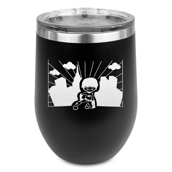 Custom Superhero in the City Stemless Stainless Steel Wine Tumbler - Black - Double Sided