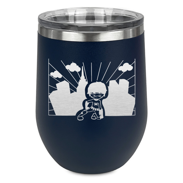 Custom Superhero in the City Stemless Stainless Steel Wine Tumbler - Navy - Single Sided