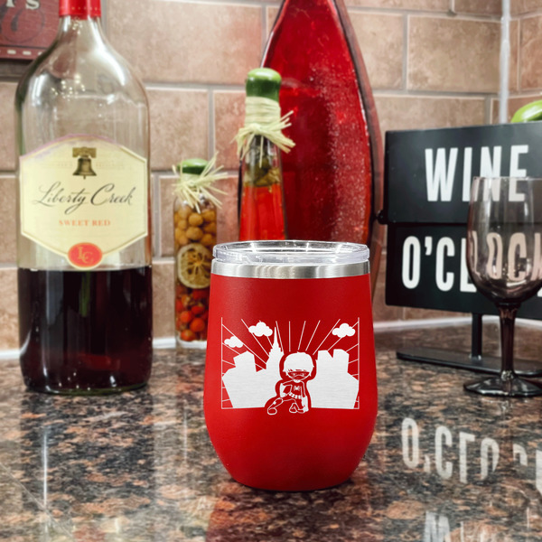 Superhero in the City Stainless Wine Tumblers - Red - Single Sided - In Context