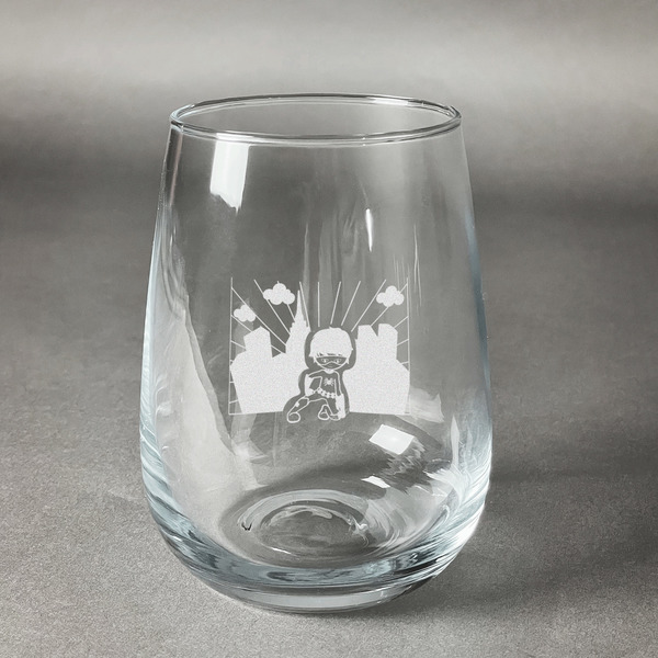 Custom Superhero in the City Stemless Wine Glass - Engraved
