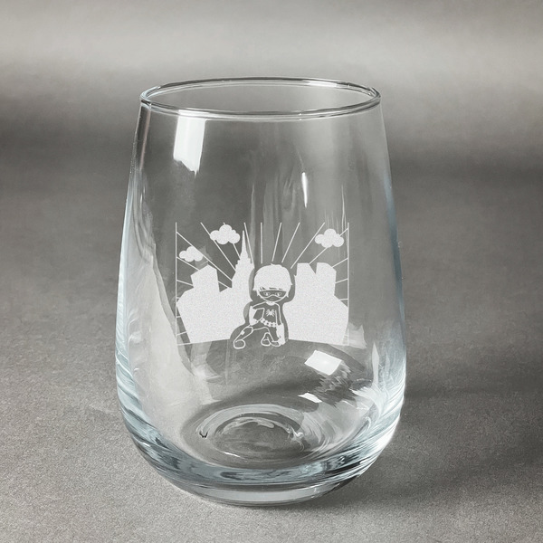Custom Superhero in the City Stemless Wine Glass - Engraved