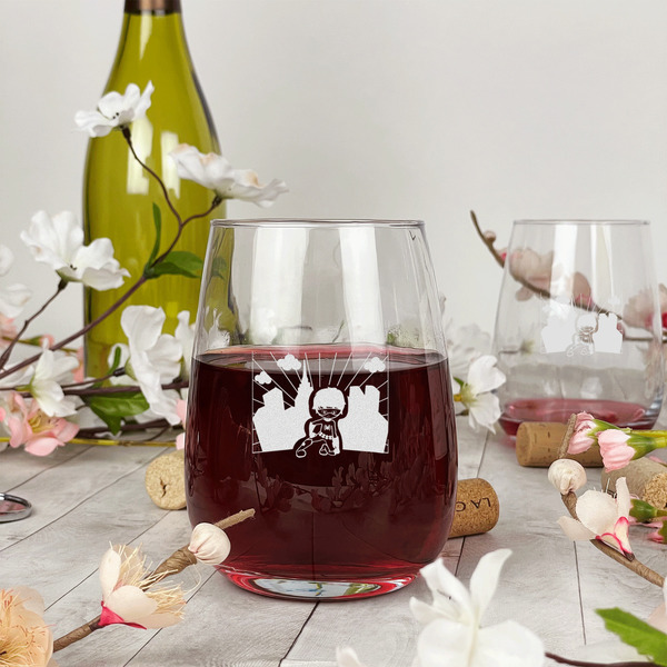 Superhero in the City Stemless Wine Glass - In Context