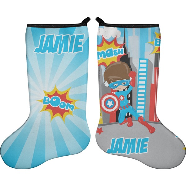Custom Superhero in the City Holiday Stocking - Double-Sided - Neoprene (Personalized)